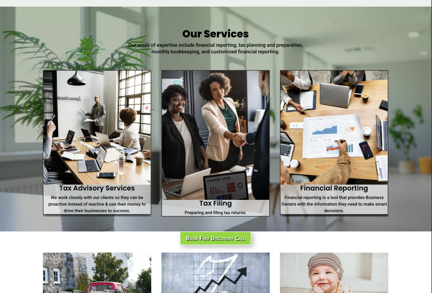 Old Our Services section: three stock photos captioned Tax Advisory Services, Tax Filing, and Financial Reporting, each with one sentence