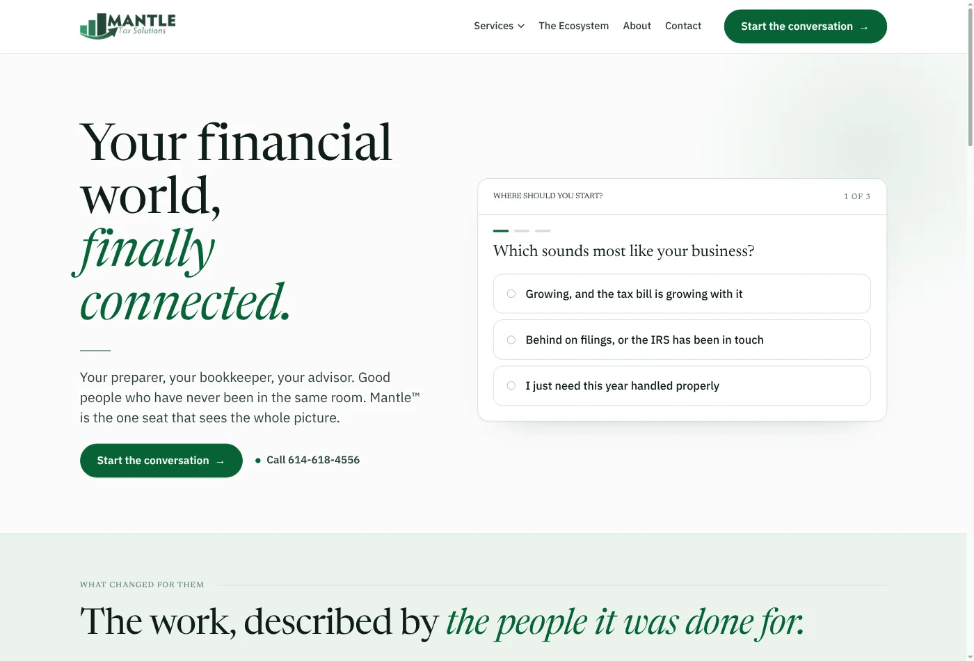 New Mantle Tax homepage with the headline Your financial world, finally connected, a Start the conversation button, a phone number, and a three-step Where should you start? selector