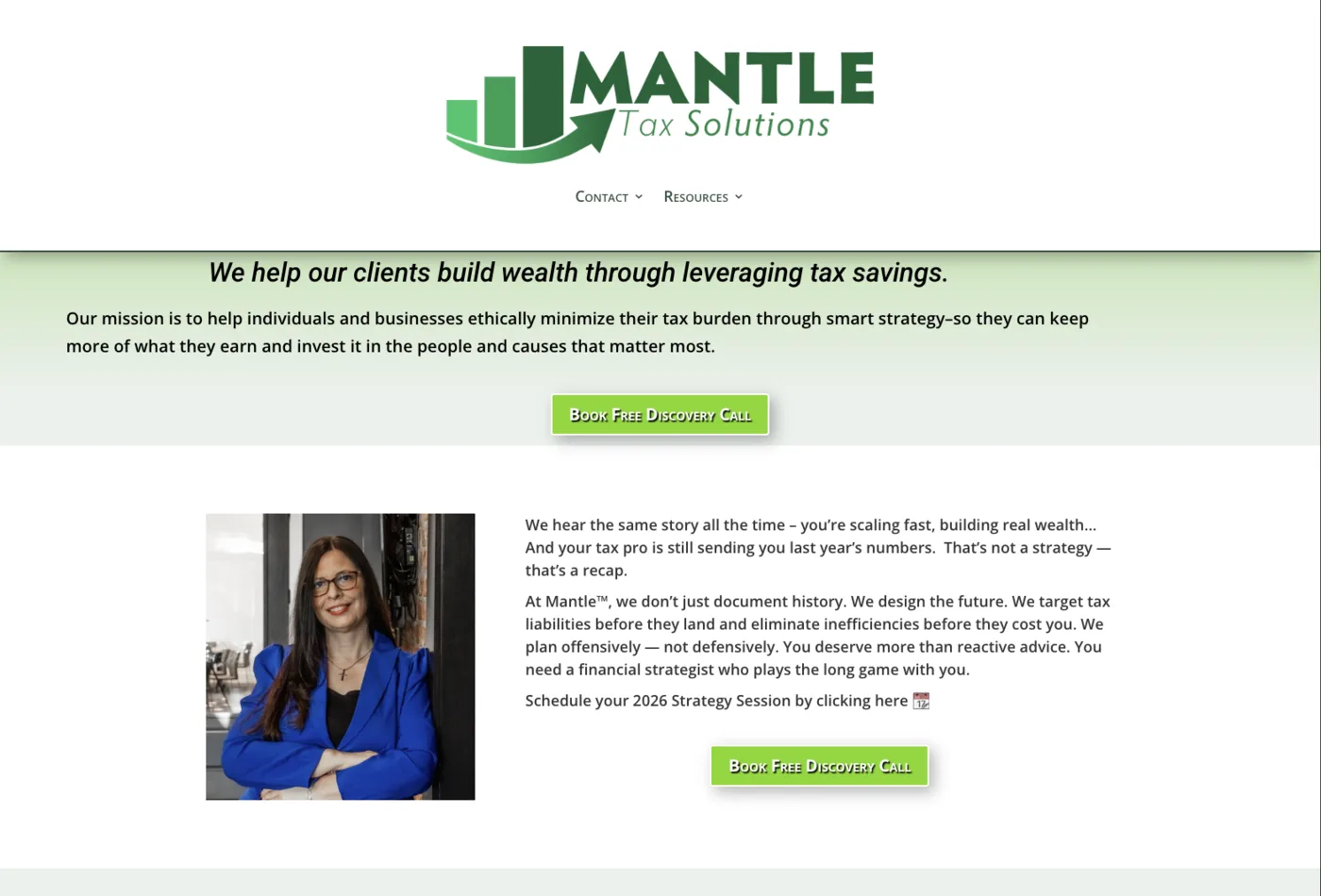 Old Mantle Tax homepage: large centered logo, a two-item menu, an italic mission line over a green gradient, and a Book Free Discovery Call button