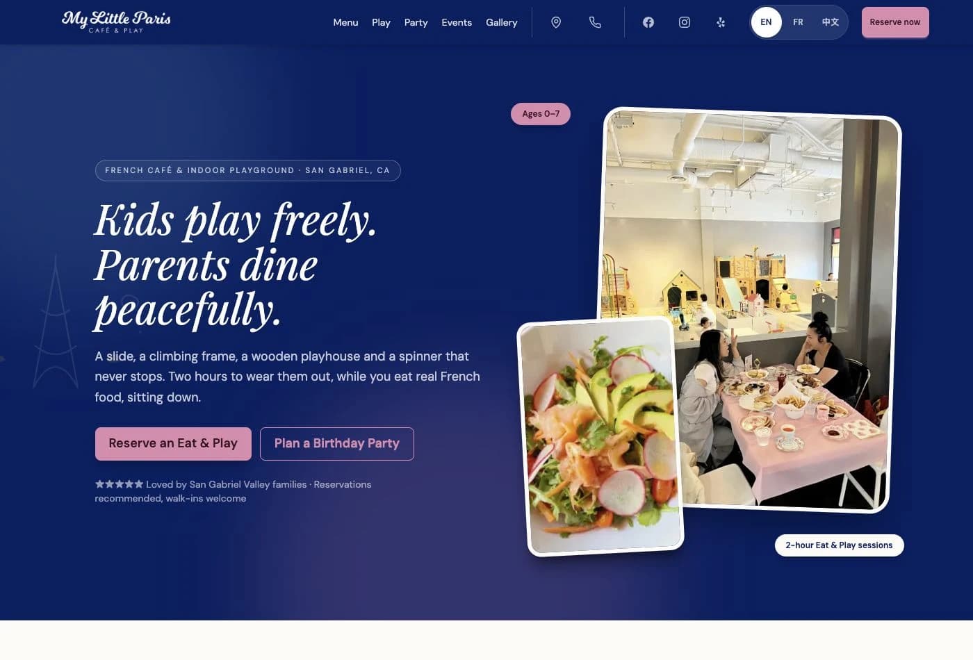 Rebuilt My Little Paris homepage with the headline Kids play freely. Parents dine peacefully., café and playground photos, and separate reservation and birthday party buttons