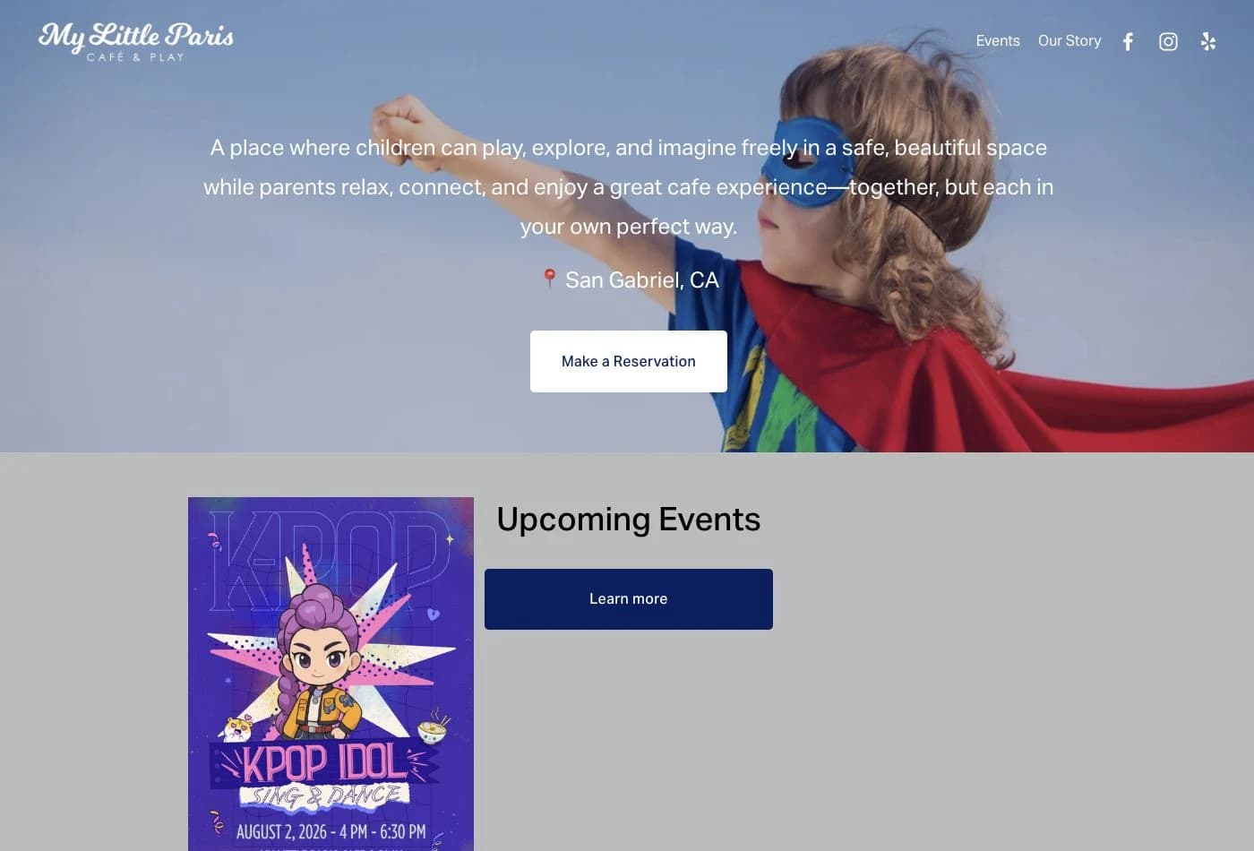 Old My Little Paris homepage with a long introduction over a superhero photo, a reservation button, and an upcoming event below